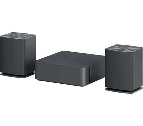 LG SQC4R wireless subwoofer and rear speakers for 4.1 Bluetooth soundbar system.