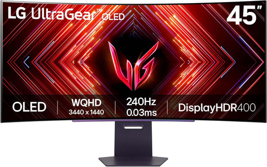 LG ULTRAGEAR 45GS95QE 45" QUAD HD 1440P OLED GAMING MONITOR with 240Hz refresh rate and 0.03ms response time.