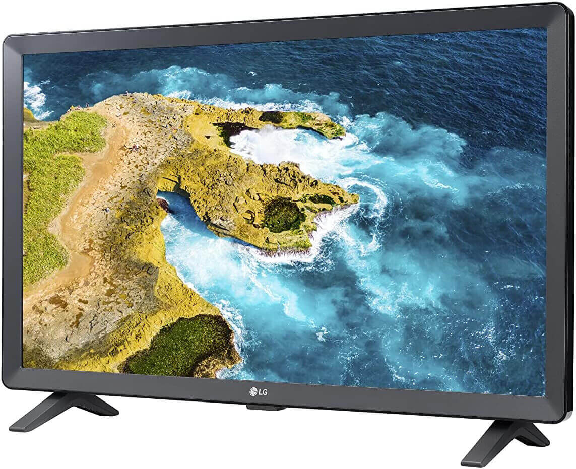 LG 24TQ520S 24-inch Smart HD Ready LED TV Monitor with vivid display showing a coastal landscape, featuring built-in speakers and HDMI connectivity.