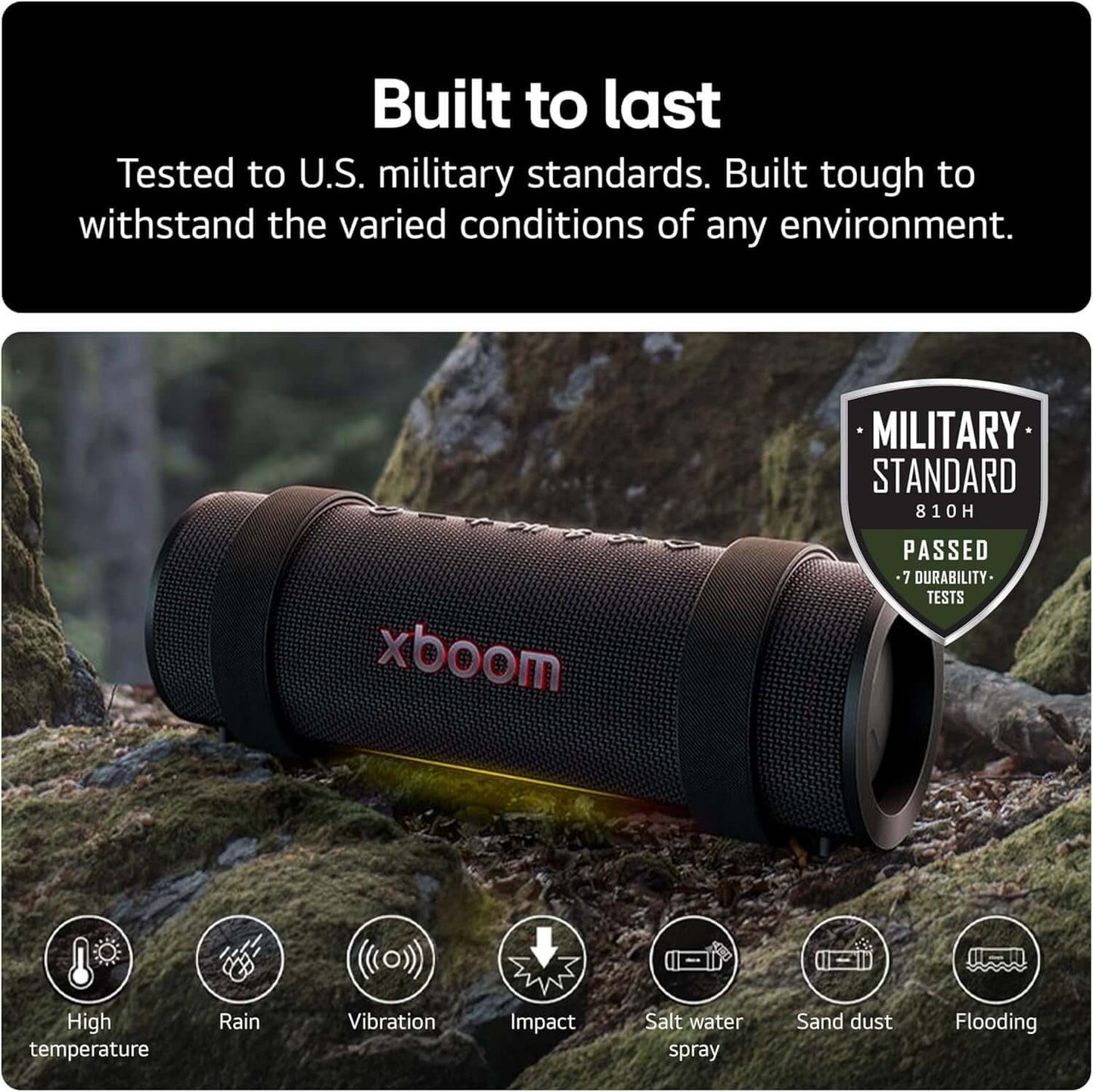 LG XBOOM GRAB PORTABLE BLUETOOTH SPEAKER 30W WATER RESISTANT IP67 AUX-IN BLACK tested to military standards for durability.