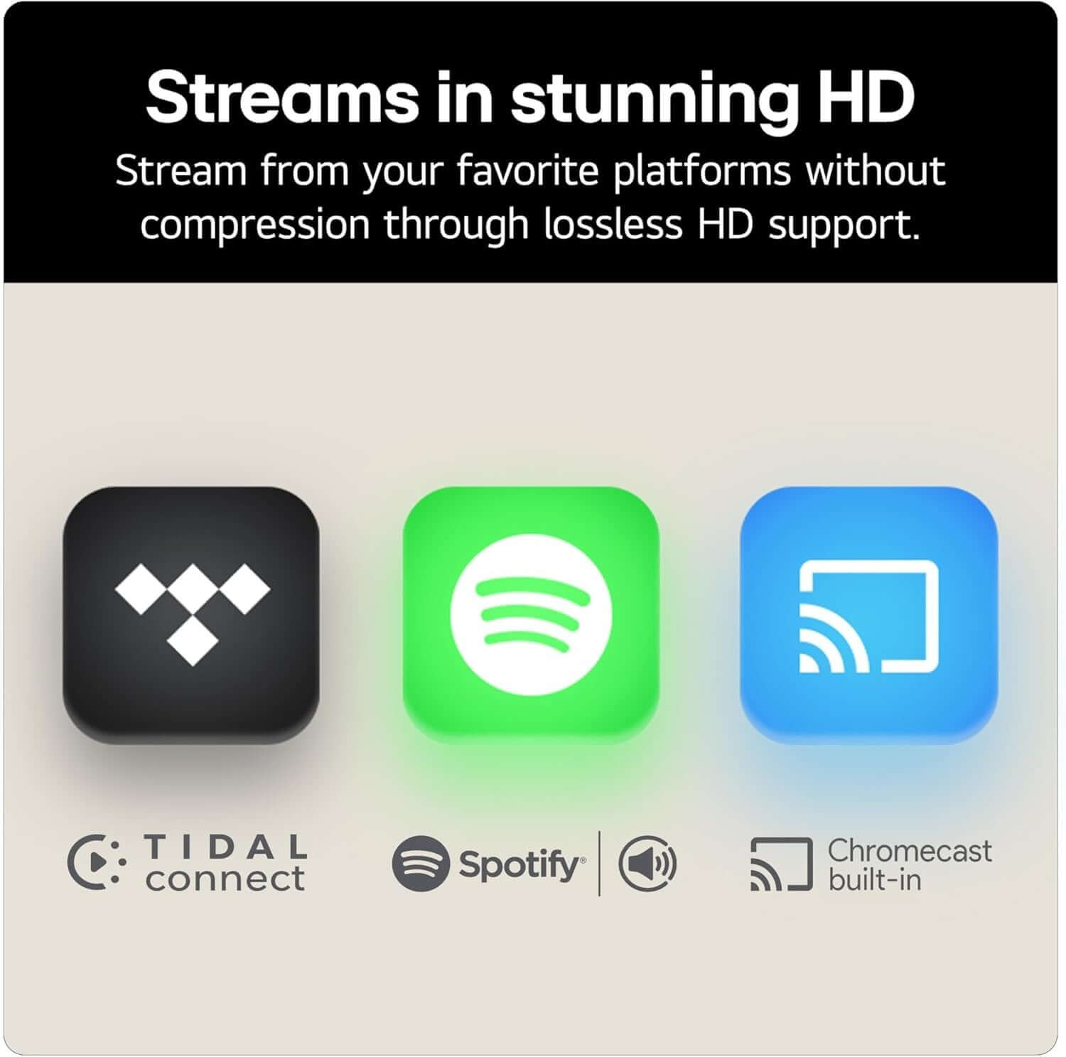 Streams in stunning HD with Tidal, Spotify, and Chromecast built-in logo icons.