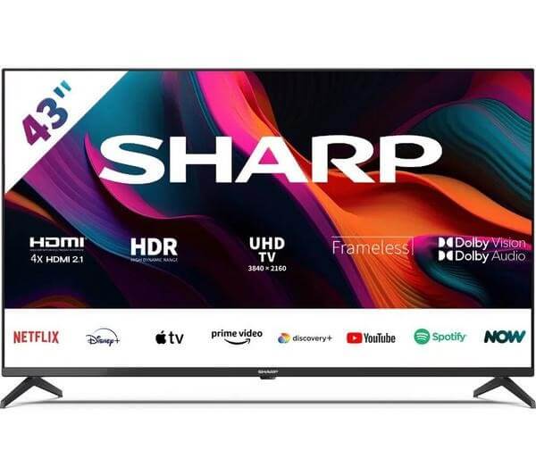 SHARP 4T-C43GL4260IB 43" SMART 4K ULTRA HD HDR10 LED TV GOOGLE ASSISTANT HDMI displayed on screen.