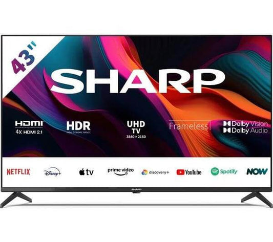 SHARP 4T-C43GL4260IB 43" SMART 4K ULTRA HD HDR10 LED TV GOOGLE ASSISTANT HDMI displayed on screen.