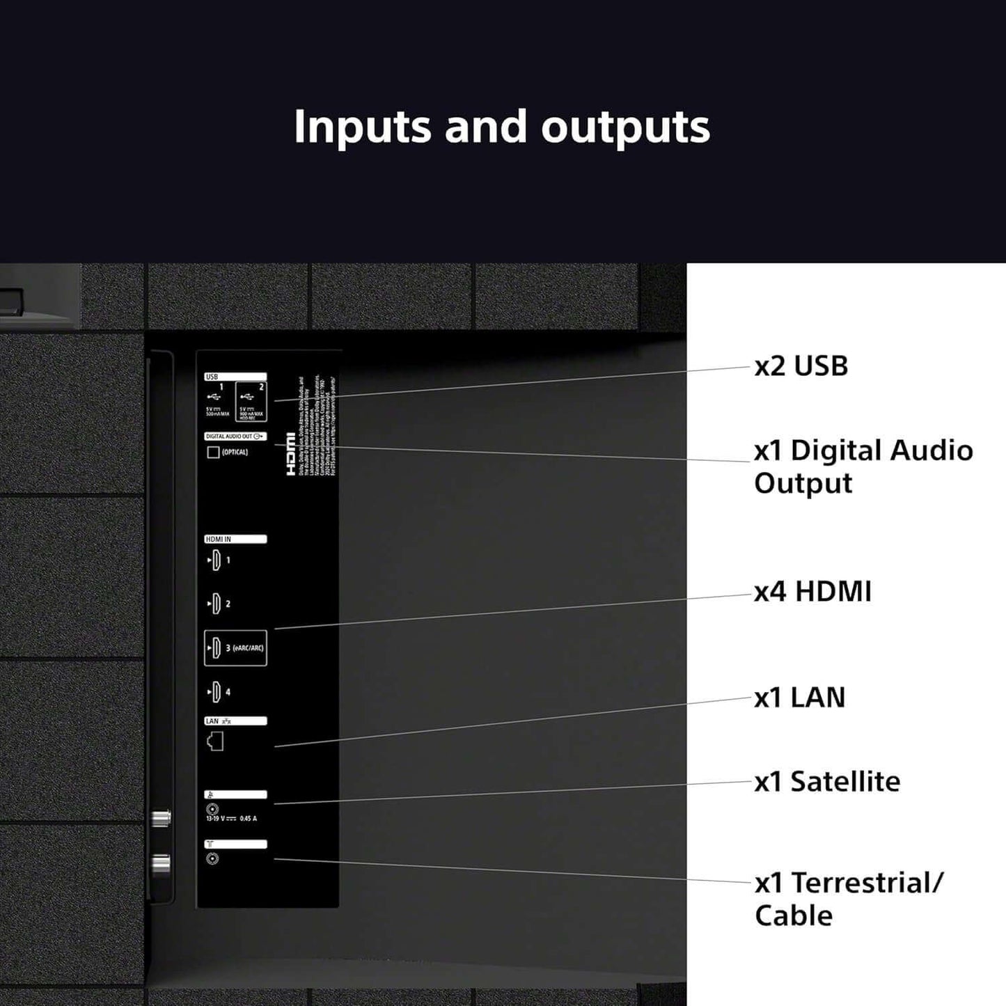 Inputs and outputs detailed for SONY 50" TV BRAVIA 3 SMART 4K ULTRA HD HDR 60HZ LED GOOGLE ASSISTANT K50S35BP