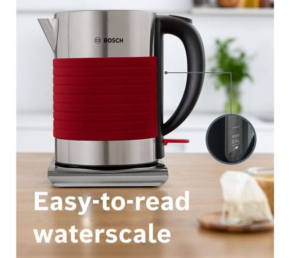 BOSCH Silicone TWK7S04GB 3000W 1.7L CORDLESS JUG STAINLESS STEEL KETTLE RED with easy-to-read waterscale.