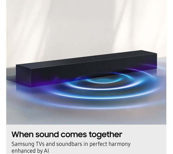 SAMSUNG HW-B400F 2.0 ALL-IN-ONE SOUNDBAR 40W BUILT-IN SUBWOOFER HDMI OPTICAL NEW with vibrant sound waves.