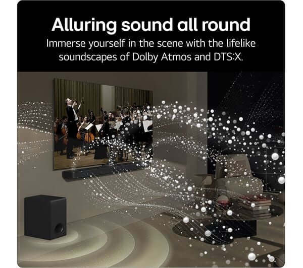 LG US77TY SOUNDBAR HOME CINEMA 3.1.3 WIRELESS SUBWOOFER 4K DOLBY ATMOS RRP £899 with immersive Dolby Atmos sound.