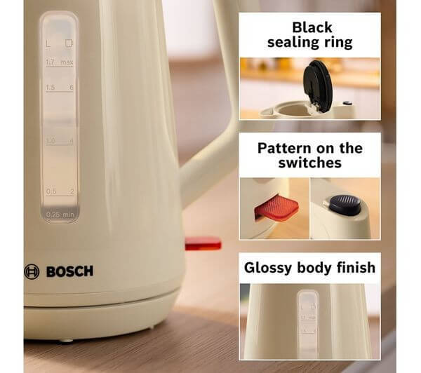 Close-up features of BOSCH MyMoments TWK1M127GB 3000W 1.7L DIGITAL DISPLAY ELECTRIC JUG KETTLE CREAM, including sealing ring, switches, and glossy finish.