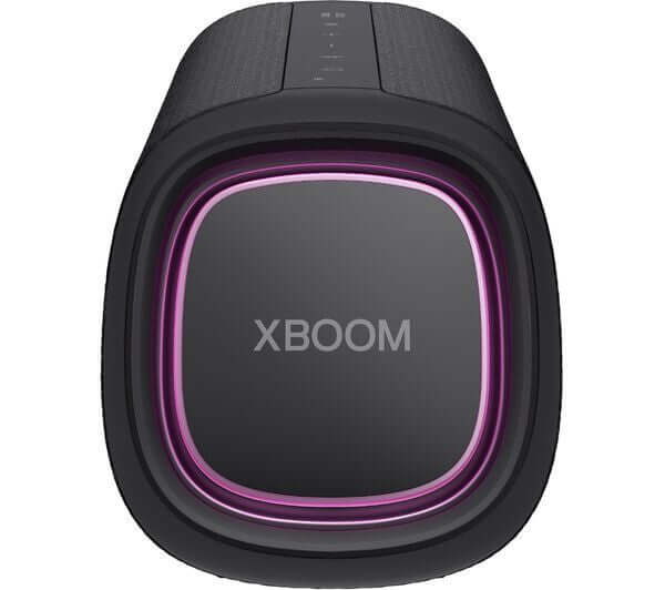 LG XBOOM GO XG7 40W PORTABLE BLUETOOTH SPEAKER WATERPROOF IP67 USB XG7QBK BLACK close-up view showing RGB lighting.