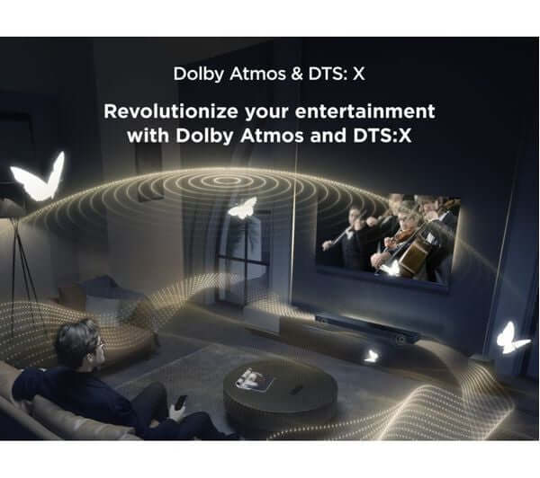 Dolby Atmos & DTS:X image promoting immersive sound experience in home entertainment.