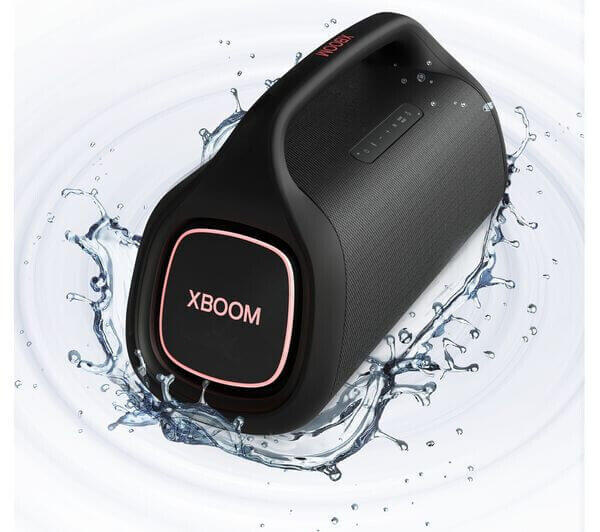 LG XBOOM Go XG9 portable Bluetooth speaker in black, showcasing waterproof design and splashing water effects.