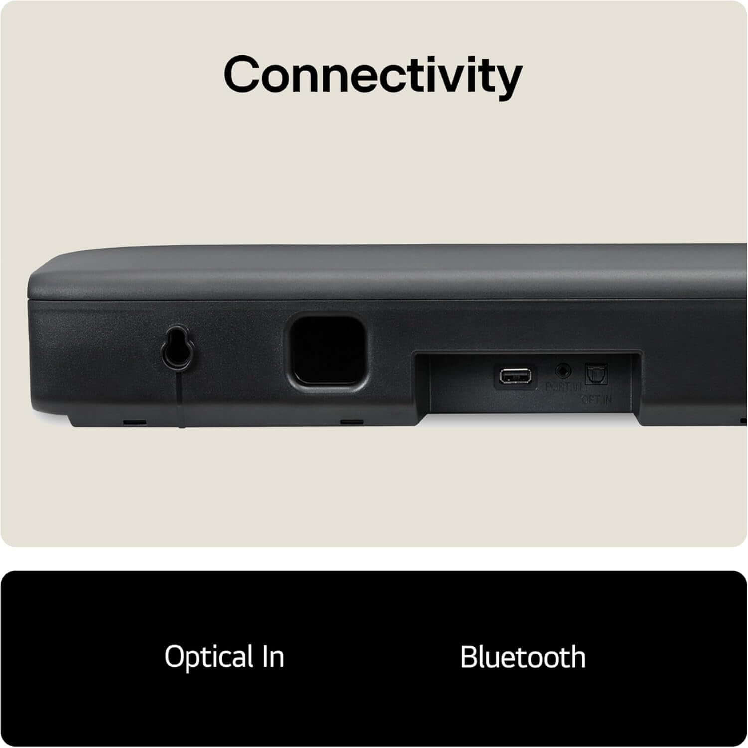 LG SOUNDBAR 2.0 WIRELESS BLUETOOTH COMPACT 40W OPTICAL PORT 3.5MM BLACK SQM1 connectivity ports including Optical In and Bluetooth.