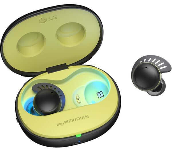 LG HEADPHONES TRUE WIRELESS BLUETOOTH NOISE-CANCELLING IN EAR TONE FREE UTF8Q in charging case with earbuds visible.