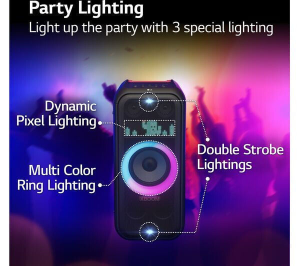 LG XBOOM XL7S speaker showcasing dynamic pixel lighting, multi-color ring lighting, and double strobe effects for an exciting party atmosphere.