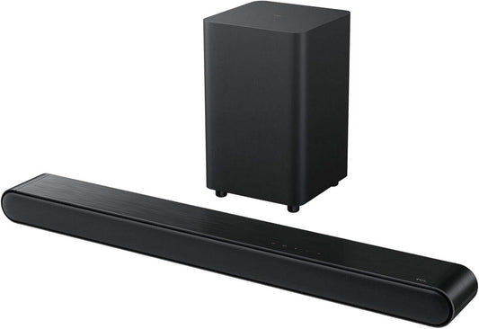 TCL S643WK 3.1 WIRELESS 240W HOME CINEMA SOUNDBAR SUBWOOFER DTS Virtual:X HDMI showing soundbar and subwoofer.