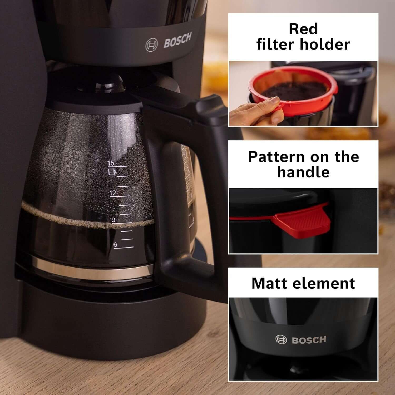 BOSCH MyMoment TKA2M113GB FILTER GROUND COFFEE MACHINE 10 CUP CAPACITY BLACK with red filter holder and matte elements.