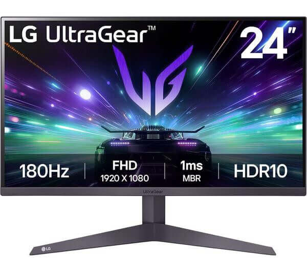 LG GAMING MONITOR ULTRAGEAR 24" LCD 1MS 180HZ HDR10 HDMI DISPLAYPORT with vibrant graphics and modern design.
