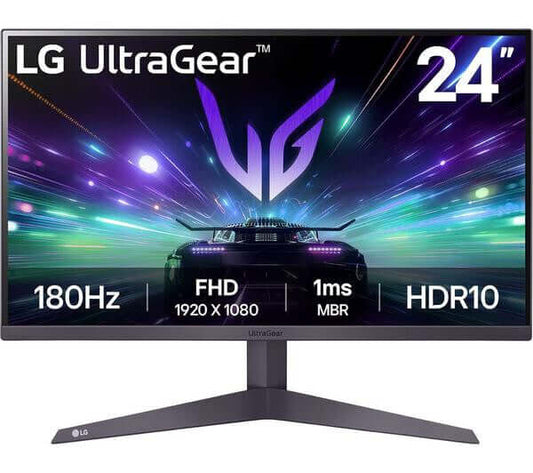 LG GAMING MONITOR ULTRAGEAR 24" LCD 1MS 180HZ HDR10 HDMI DISPLAYPORT with vibrant graphics and modern design.