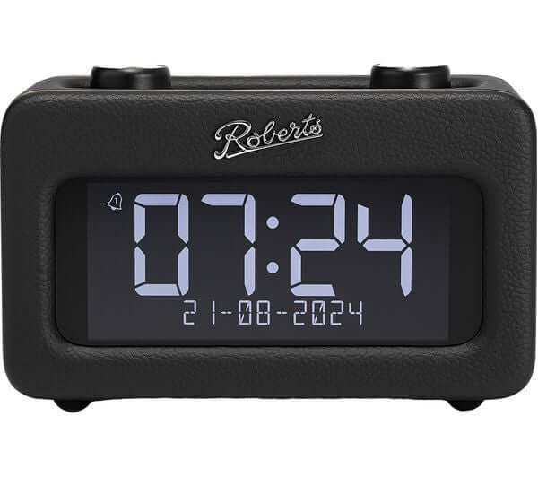 ROBERTS REVIVAL retro clock radio with large LCD display showing time and date in black design.