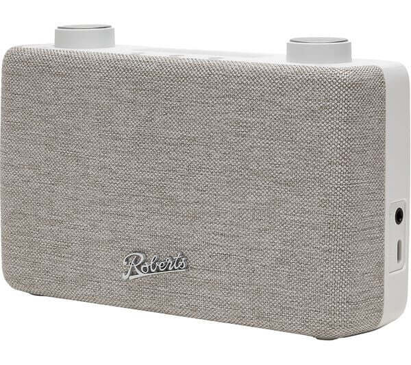 Roberts Play 11 portable DAB FM radio with LCD display in white and grey fabric design.