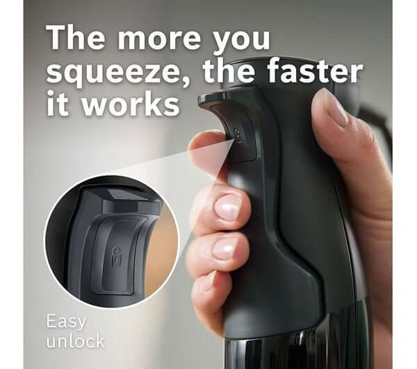 BOSCH SERIES 4 ErgoMaster MSM4B6V2GB HAND BLENDER VARIABLE SPEED 1000W BLACK easy unlock feature with quick squeeze control.