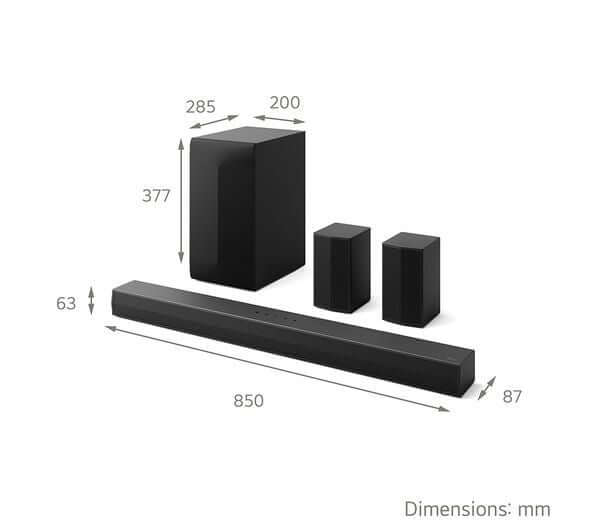 LG US60TR SOUNDBAR 5.1 440W WIRELESS SUBWOOFER BLUETOOTH HDMI USB AI SOUND PRO dimensions image for product specifications.