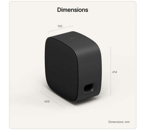 Dimensions of LG W7 SUBWOOFER 220W WIRELESS SPEAKER FOR SOUND SUITE DOLBY ATMOS FLEXCONNECT shown in mm.