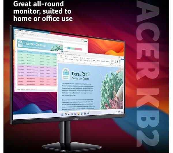 ACER KB272G0BI 27" IPS LCD MONITOR FULL HD 1080P 250 cd/m² 120HZ 4MS HDMI VGA in home office setup with vibrant display.