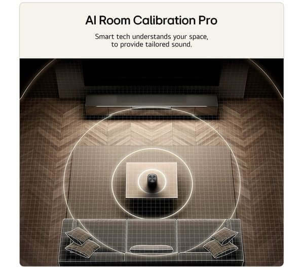 AI Room Calibration Pro visual demonstrating tailored sound setup with LG Sound Suite M5 wireless speaker.