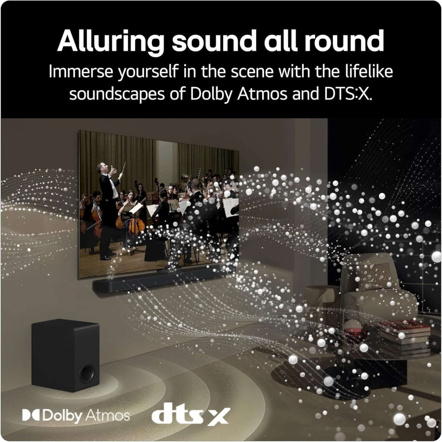 LG US95TR SOUNDBAR HOME CINEMA WIRELESS SUBWOOFER 9.1.5 DOLBY ATMOS ALEXA GOOGLE sound wave illustration