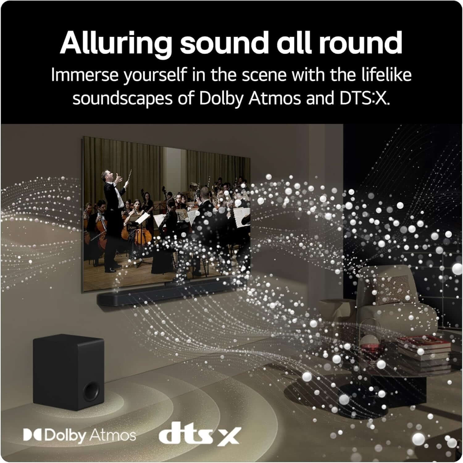 Experience immersive sound with Dolby Atmos and DTS:X, showcasing the LG US95TR sound system.