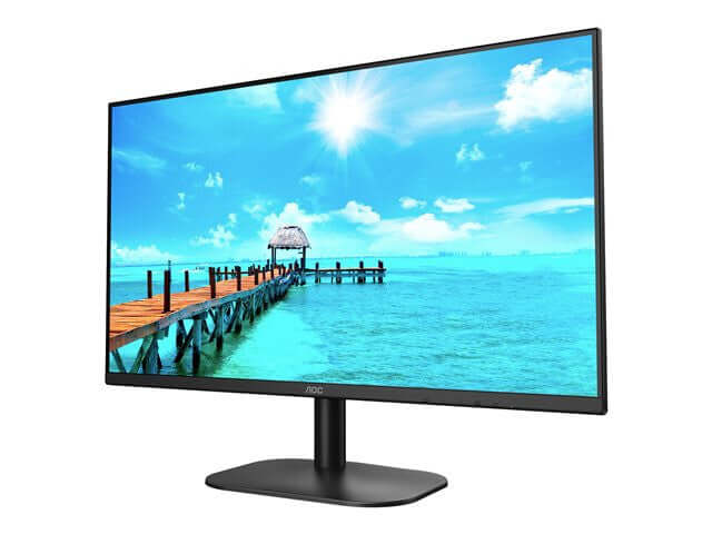 AOC 24B2XH 24" LED MONITOR FULL HD 1080P 250 cd/m² 7MS 75Hz HDMI VGA BLACK NEW on a wooden pier with ocean view.