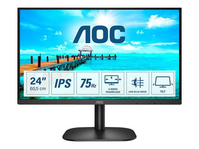 AOC 24B2XH 24" LED MONITOR FULL HD 1080P 250 cd/m² 7MS 75Hz HDMI VGA BLACK NEW displayed on a beach background.