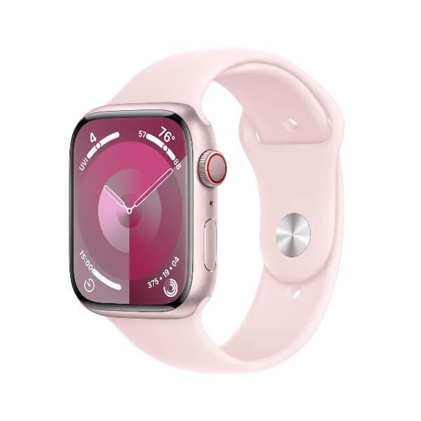 Apple Watch Series 9 45mm Cellular | Unlocked with pink band and vibrant display showing health data.