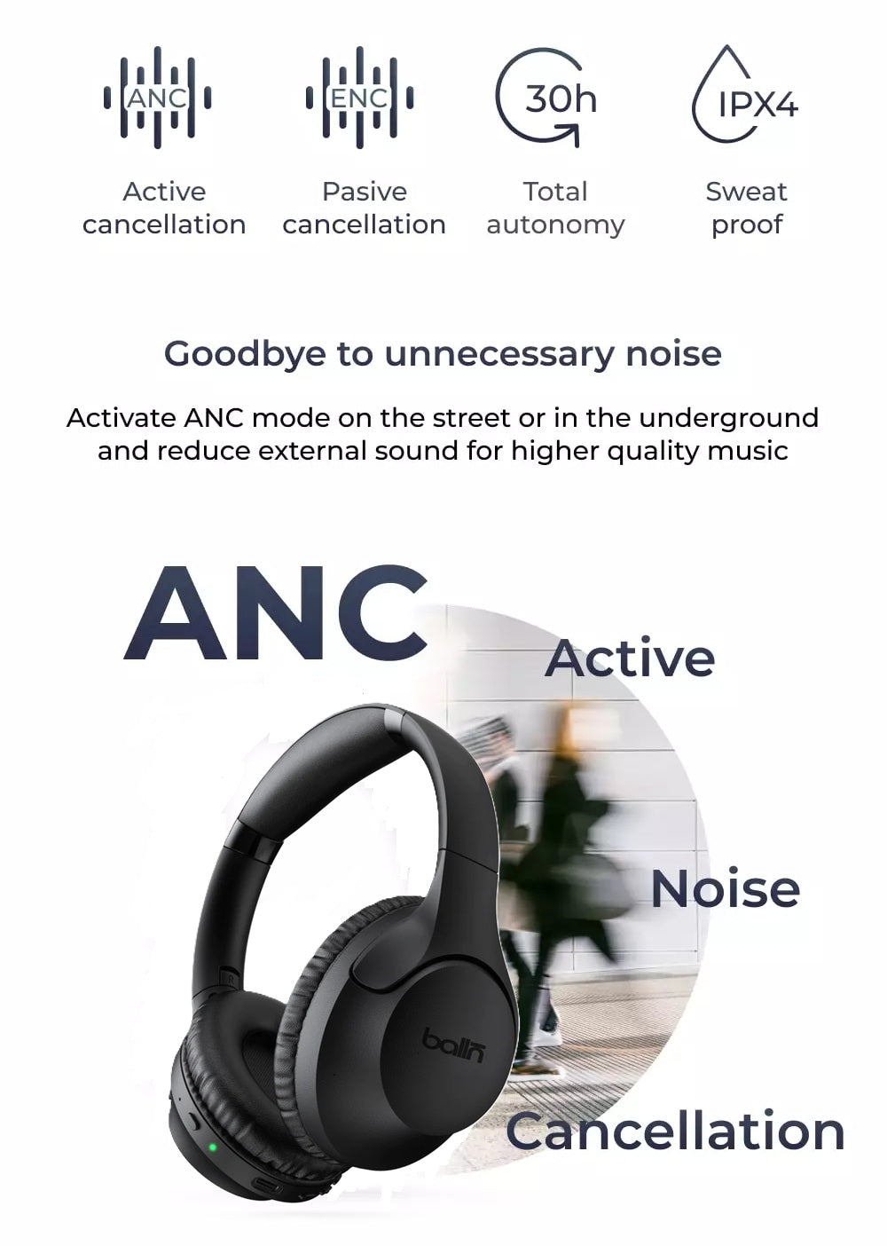balln audio wireless hybrid ANC headphones with active noise cancellation technology and sleek design.