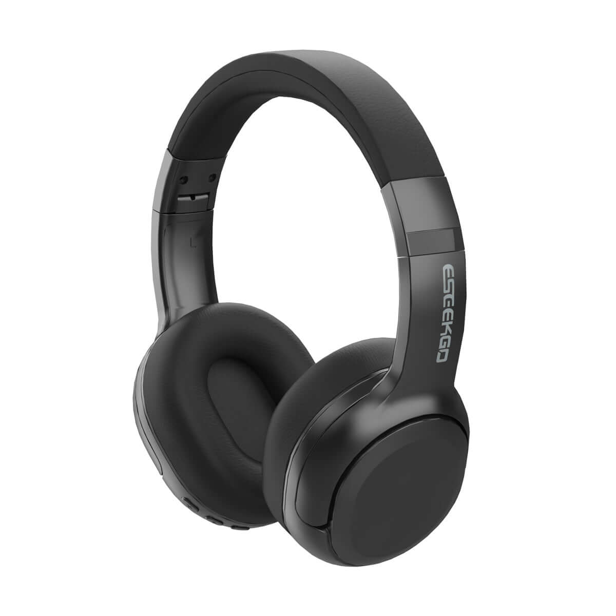 Noise cancelling wireless over ear headphones in sleek black design, featuring soft ear cushions and foldable functionality.