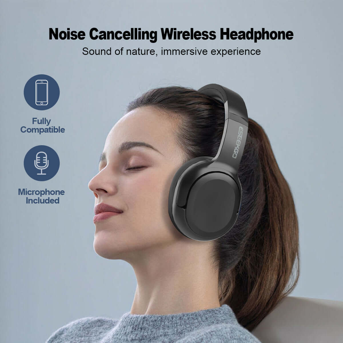 Noise Cancelling Wireless Over Ear Headphones, ergonomic design, inbuilt mic, immersive audio experience.