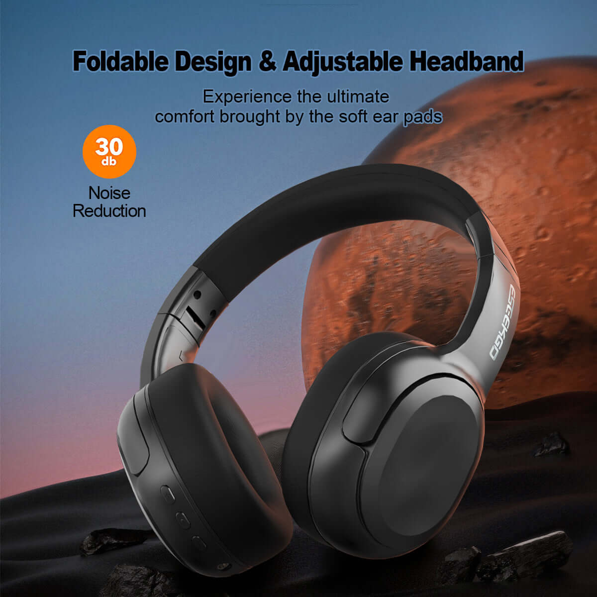 Noise cancelling wireless over ear headphones with foldable design and adjustable headband for ultimate comfort.