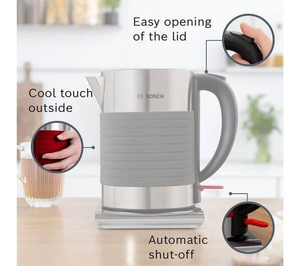 BOSCH Silicone TWK7S05GB 3000W 1.7L CORDLESS JUG STAINLESS STEEL KETTLE GRAPHITE with easy opening lid and cool touch design.