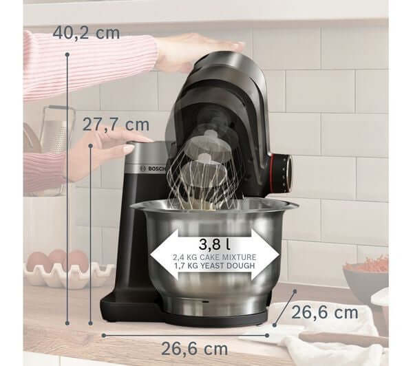 BOSCH 7-IN-1 MUMS2VM40 KITCHEN MACHINE STAND MIXER 900W 3.8L 7 SPEED BLACK NEW with measuring dimensions and whisk.