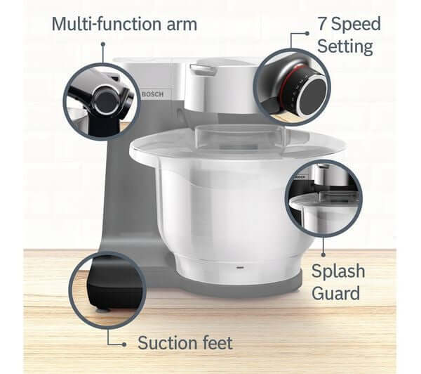 BOSCH 7-IN-1 MUMS2VM40 KITCHEN MACHINE STAND MIXER 900W 3.8L 7 SPEED BLACK NEW features multi-function arm and splash guard.