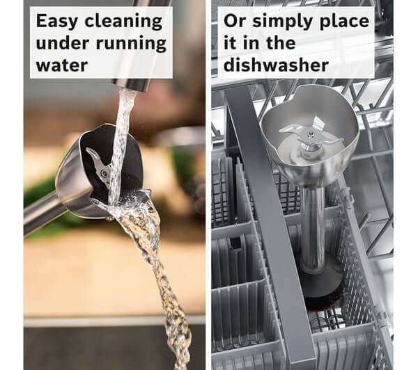 Cleaning the BOSCH SERIES 4 ErgoMaster MSM4B6V2GB HAND BLENDER VARIABLE SPEED 1000W BLACK under running water or dishwasher.