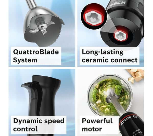 Features of BOSCH SERIES 4 ErgoMaster MSM4B6V2GB hand blender: QuattroBlade System, ceramic connect, dynamic speed control, powerful motor.