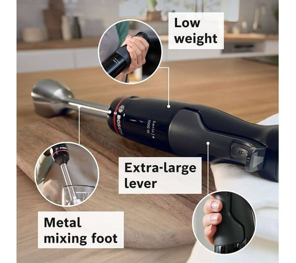 BOSCH SERIES 4 ErgoMaster hand blender features low weight, extra-large lever, and metal mixing foot.