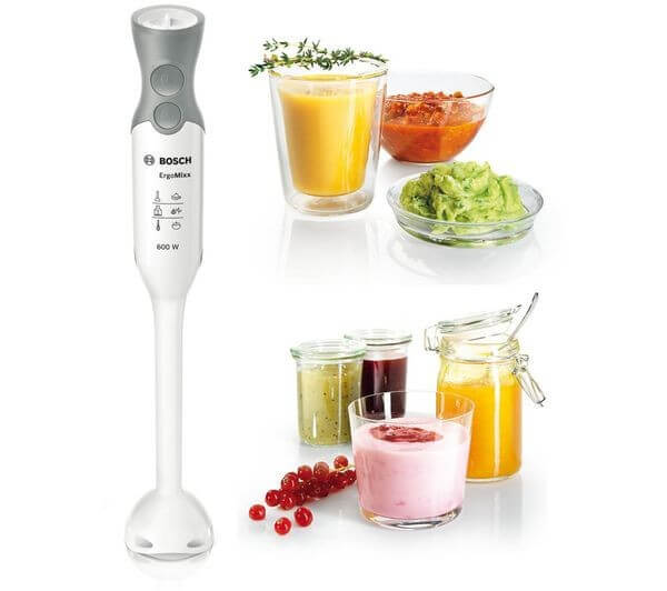 Bosch ErgoMixx hand blender 600W next to various blended foods and beverages in jars and glasses.