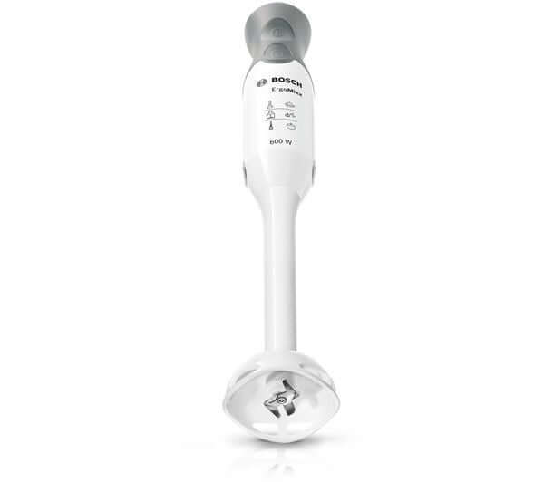 Bosch ErgoMixx hand blender 600W in white, featuring 12 speed settings and powerful 600 W motor.