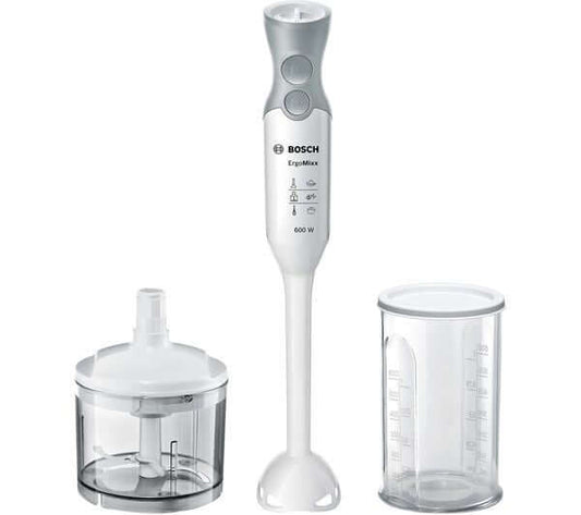 Bosch ErgoMixx hand blender 600W with accessories including chopper and measuring cup, sleek white design.