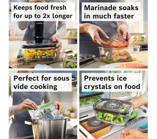 BOSCH SERIES 4 ErgoMaster MSM4B6V2GB HAND BLENDER VARIABLE SPEED 1000W BLACK in use for various food storage techniques.