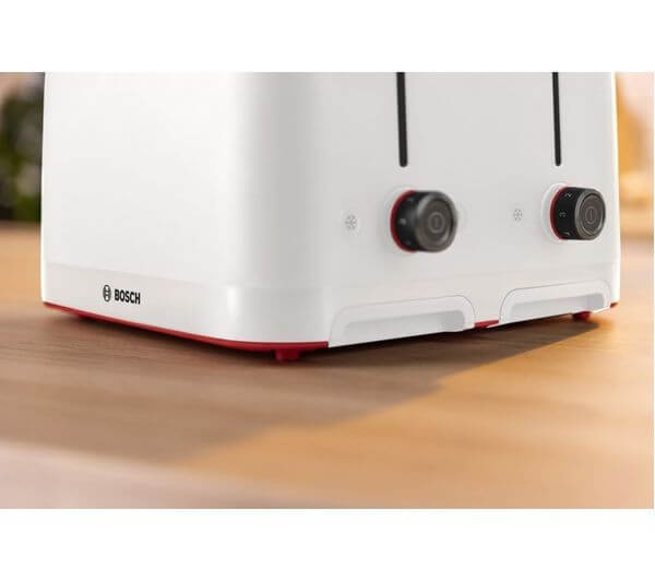 BOSCH MyMoment TAT3M141GB 4 SLICE TOASTER DEFROST/REHEAT FUNCTION WHITE NEW side view with controls and logo