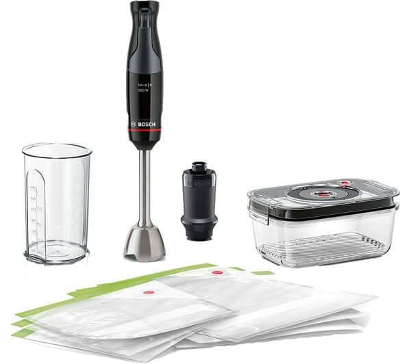 BOSCH SERIES 4 ErgoMaster hand blender kit with accessories, including container and vacuum bags, in black.